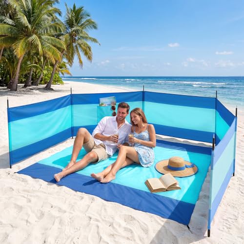 Remagr 20 ft Beach Windscreen with 7 x 6.5 ft Beach Blanket Set Waterproof Sandproof Privacy Wind Blocker Screen Fast Drying Large Mat for Outdoor Camping Picnic Sun Sand Wind Protection