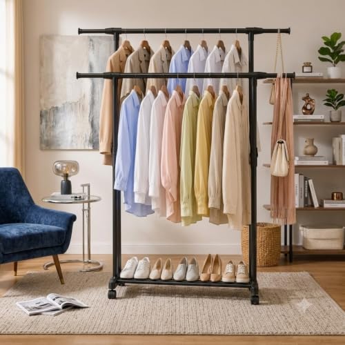 Image of 𝗞𝗢𝗦𝗠𝗘𝗥 Heavy-Duty 𝗠𝗲𝘁𝗮𝗹 Hanger Stand for 𝗖𝗹𝗼𝘁𝗵𝗲𝘀 Hanging, Garment 𝗦𝘁𝗮𝗻𝗱 𝗥𝗮𝗰𝗸 Clothe Storage Freestanding 𝗖𝗹𝗼𝘁𝗵 𝗛𝗮𝗻𝗴𝗶𝗻𝗴 Stand for Bedroom, Entryway, Living Room