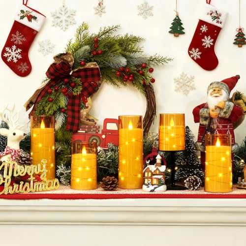 Image of Homemory Acrylic Flameless Candles with Embedded Star String Fairy Lights, Battery Operated Candle, LED Candles, Fake Candles with Remote Control and Timer for Halloween, Amber, Set of 5(H4 inch5 inch6 inch8 inch8 inch)