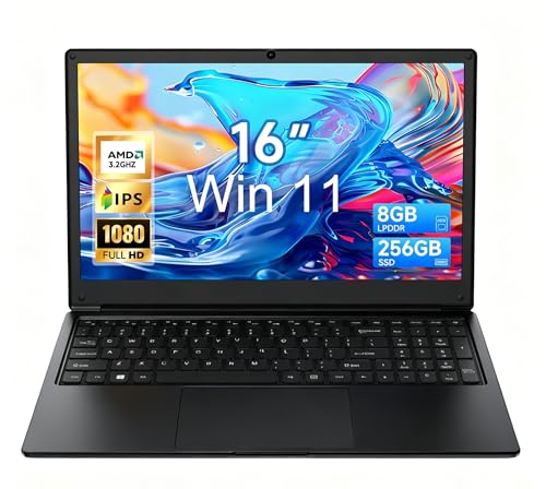 Image of 16 inch Laptop with Win11, 8GB RAM 256GB SSD, AMD A9, Black