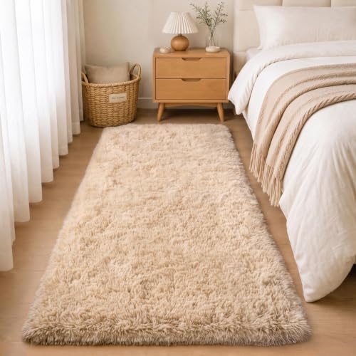 Soft Runner Rugs for Bedroom Hallway 2x6 Beige Fluffy Shag Washab...