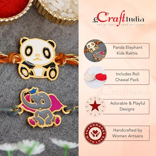 Image of eCraftIndia Set of 2 Multicolor Panda and Elephant Kids Rakhis with Roli Chawal Pack