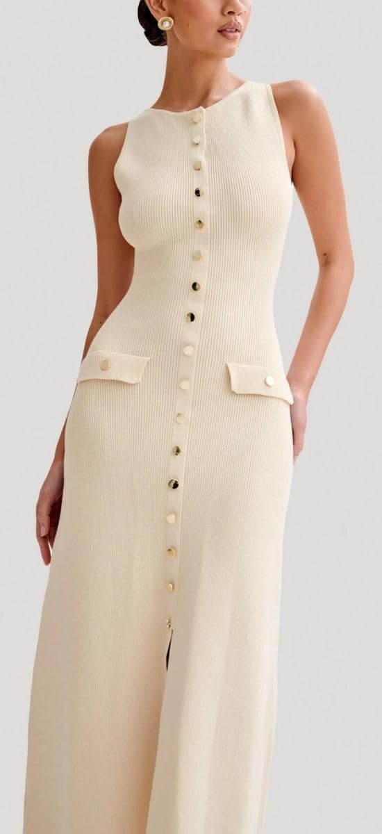 ELFTOWN Women's Summer Sleeveless Single Breasted Knit Maxi Dress Slit Crew Neck Long Sweater Bodycon Dress - Image 5