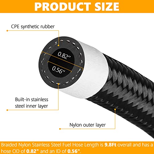 10An 10 Ft Fuel Line Hose Stainless Steel Nylon Braided Oil Gas Fuel Line Hose 9/16 Inch Inside Diameter Suitable For Fuel Systems Engines Tube Hose - Black #TOP1