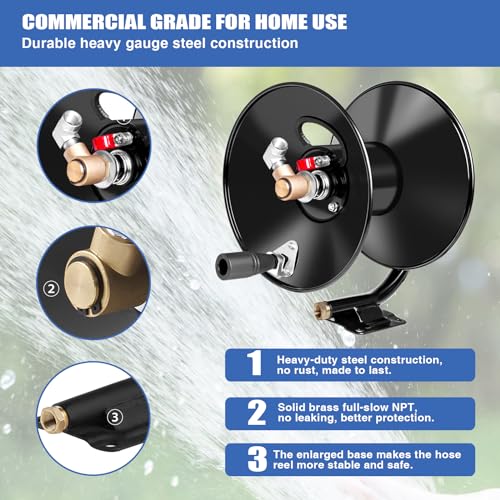 Image of MEKOH Pressure Washer Hose Reel 50ftx3 /8 inch / 65ftx1 /4 inch, 4000PSI Heavy Duty Power Washer Hose Reel with M22-14 Fitting, Hand Crank Metal Reel with Wall /Trailer /Van Mount, Manual Hose Reel for Water