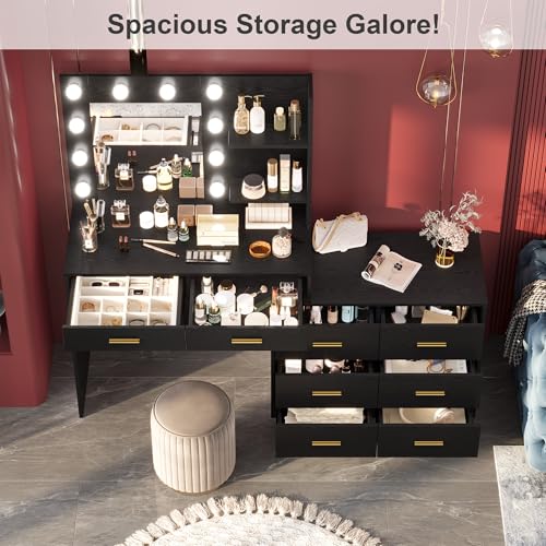 61" Make up Vanity Desk with Mirror and Lights, Black Vanity with 8 Wide Storage Drawers & 2 Tier Shelves, 3 Lighting Modes with Adjustable Brightness for Bedroom