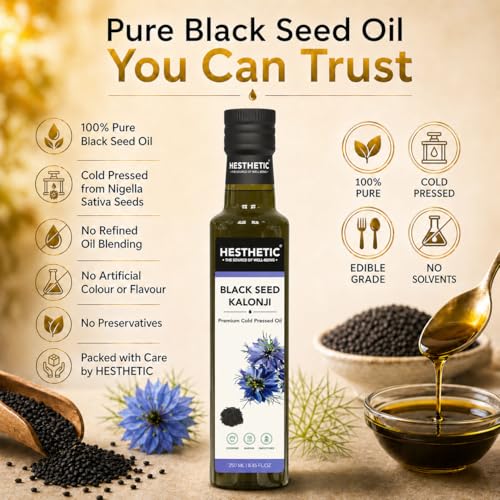 Image of HESTHETIC Cold Pressed Black Seed Oil Pack of 2 x 250ml | Pure Kalonji (Mangraila Tel) Edible Virgin Oil | High-Thymoquinone Food-Grade Nigella Sativa for Cooking, Salad & Daily Wellness