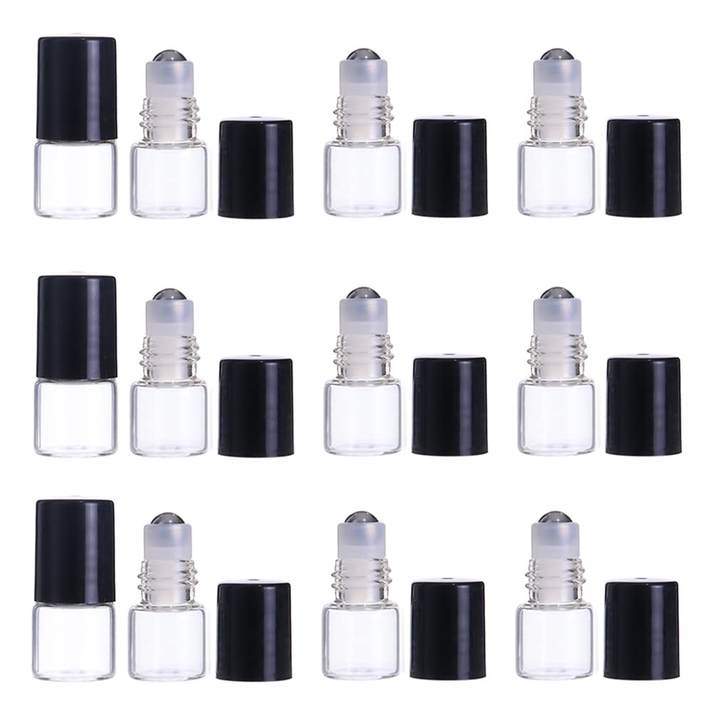 12Pcs 2ml Clear Glass Roll On Bottles Empty Refillable Glass Roller Bottle With Stainless Steel Roller Ball and Black Cap Small Glass Sample Vials for Essential Oils Aromatherapy Lip Gloss