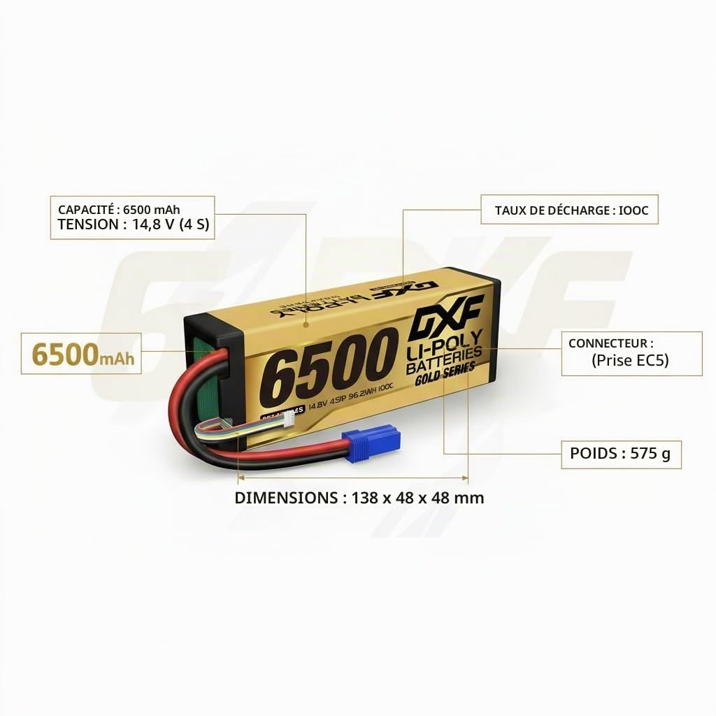 DXF Batterie LiPo 4S 6500mAh 100C 14.8V Prise EC5 Lot de 2 Boîtier Rigide pour Voiture RC 1/8 1/10 Camion Buggy Truggy Course Hobby Haute Décharge Rechargeable Polymère Lithium