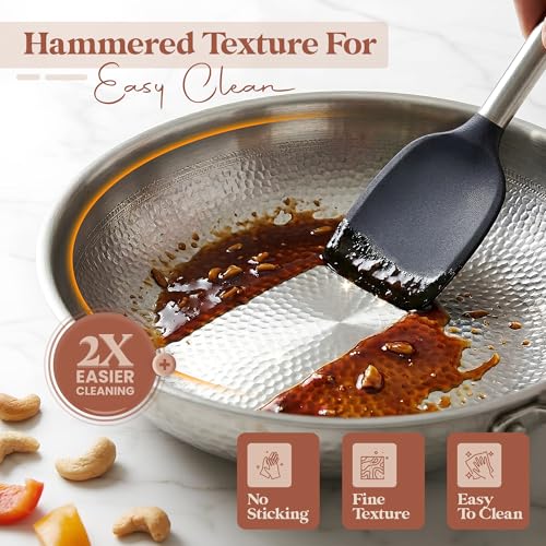Image of Titanium Frying Pan, Hammered Non-Stick Skillet with Glass Lid & 4 Spatulas, PFAS /PFOA /PTFE-Free, Tri-Ply Stainless Steel, Induction & Oven Safe, Dishwasher Safe Cookware