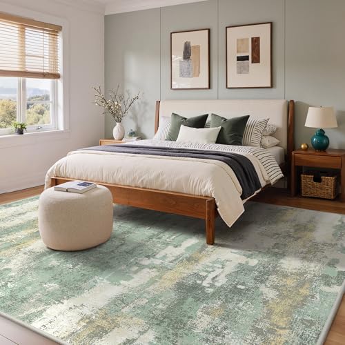 Image of 8x10 Area Rugs Washable Green Rug for Living Room Bedroom, Abstract Modern Large Rug Non Slip, Water Repellent Low Pile Soft Carpet for Dining Room, Light Green