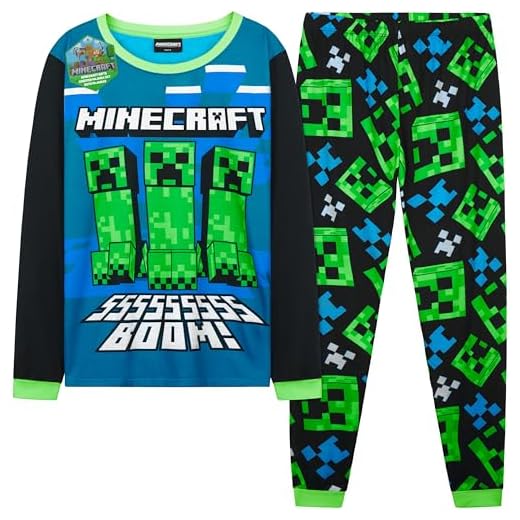 Get Trend Fortnite Pijama Niño Manga Larga, Conjunto Pijama para Niños y Adolescentes, Lounge Set Cálido, Ropa de Dormir, Regalo Gamer (11-12 Años, Azul/Verde Minecraft)