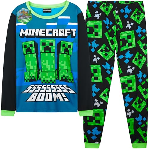 Get Trend Fortnite Pijama Niño Manga Larga, Conjunto Pijama para Niños y Adolescentes, Lounge Set Cálido, Ropa de Dormir, Regalo Gamer (9-10 Años, Azul/Verde Minecraft)