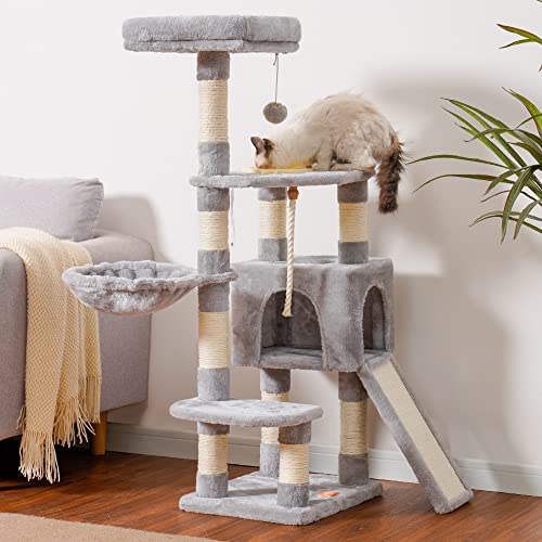 Image of Heybly Cat Tree, Cat Tower for Indoor Cats with Scratching Board, Multi-Level Cat Furniture Condo with Feeding Bowl Light Gray HCT010SW