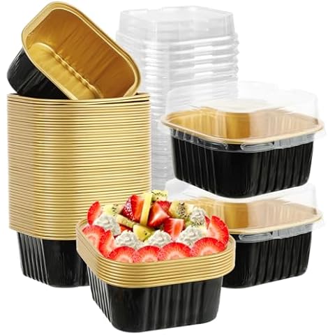 50 Pcs Aluminum Foil Mini Square Baking Cups with Lids,5oz Disposable Ramekins Cake Pans,Cupcake Baking Cups Containers for Bread Muffin Brownie Cheesecake,Black Gold Cover