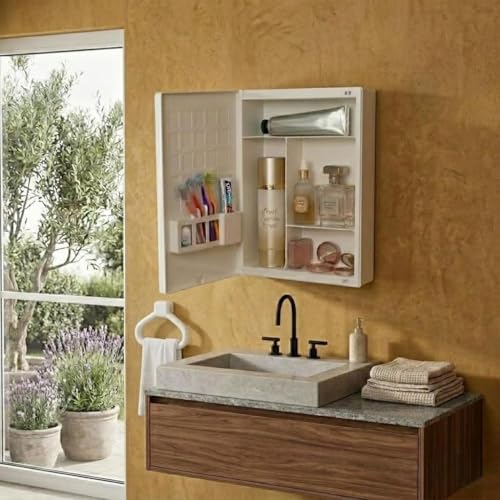 Image of BRANCO New Rich Look Bathroom Cabinet with Mirror | Storage Organiser | Strong Plastic Bathroom Shelves Wall Mounted | Bathroom Accessories| Mirror Cabinet | with Towel Ring | White
