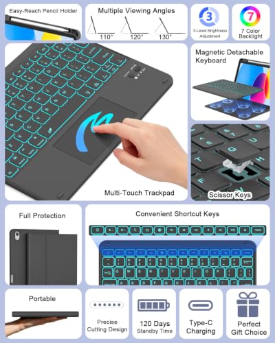 Image of RAYMCRAFT for iPad (A16) 11th /10th Generation Case with Keyboard, 7 Color Backlit, Multi-Touch Trackpad, Folio Case with Pencil Holder, Detachable Wireless Keyboard for iPad (A16) 11th /10th, Black