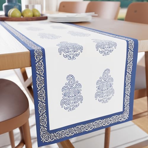 Image of Encasa XO Dining Table Runner for 4 to 6 Seater | Indigo-01 Block Printed Cotton Canvas | 32x150 cm | Jaipur Sanganeri Hand Print