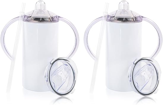 2 Pack Sublimation Blank Sippy Cup Tumblers with Handles Straight Stainless Steel Insulated Skinny Tumblers with Splash-proof Lid 12 oz Shatterproof Water Tumbler
