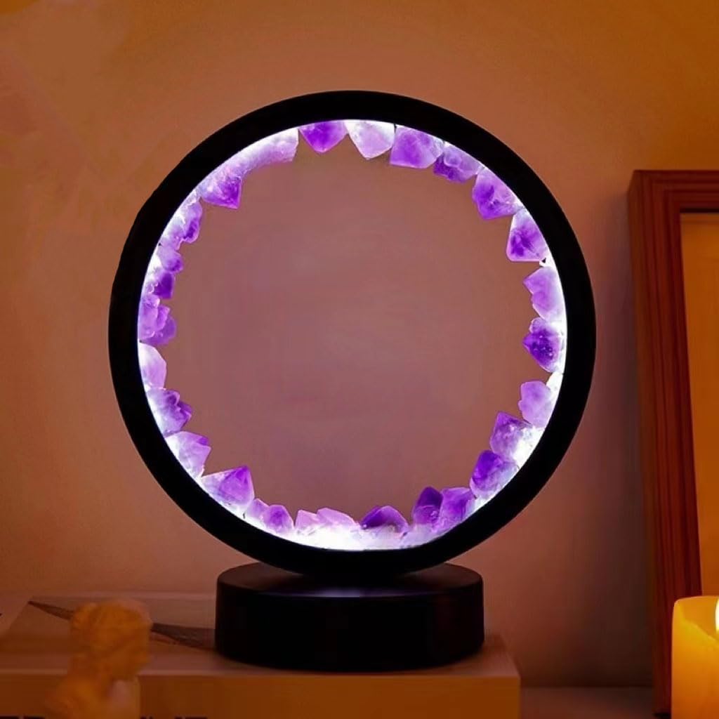 Bprtcra Amethyst Night Light, Natural Crystal Lamp, Healing Crystal Table Lamp, Three Light Modes, Adjustable Brightness, USB Port Power Supply, Premium Gift (Black Round Amethyst)