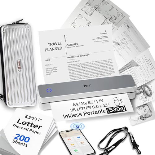 Image of PRT MT610 Inkless Portable Printer Wireless Thermal Mobile Printers with Carry Case & 200 Sheets Paper, Supports 8.5 inchx11 inch US Letter & A4, Bluetooth Travel Printer for Laptop, iOS & Android, Grey