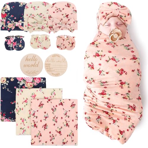 Image of DRESHOW BQUBO Floral Swaddles for Baby Girl Newborn Receiving Blanket with Bow Hat Mittens Wooden Birth Announcement Card Set Baby Floral Print Swaddle Nursery Swaddle Wrap