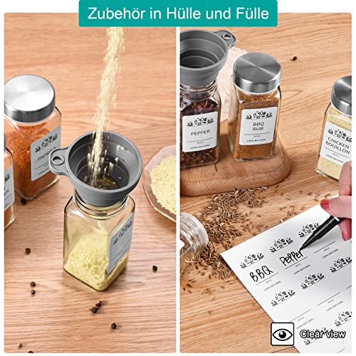 Foto von Gewürzgläser mit Streueinsatz Set 24 pc, Gewürzgläser Eckig 120ml, Gewürzdosen Glas, Gewürzstreuer, Deckel aus Rostfreiem Stahl, Spice Jars Mit gedrucktem Etikett, Trichter Gewürzbehälter