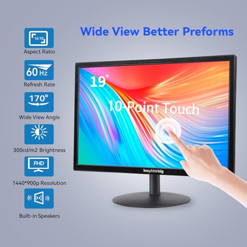 Image of Touchscreen Monitor 19 inch FHD 1440x900 Multi-Touch Screen HDMI VGA Type-B Dual Speakers,60Hz,VESA,Wide Viewing Angle 170,Brightness 300cd /m,Tilt Adjust,PC Office Desktop Business Computer Display