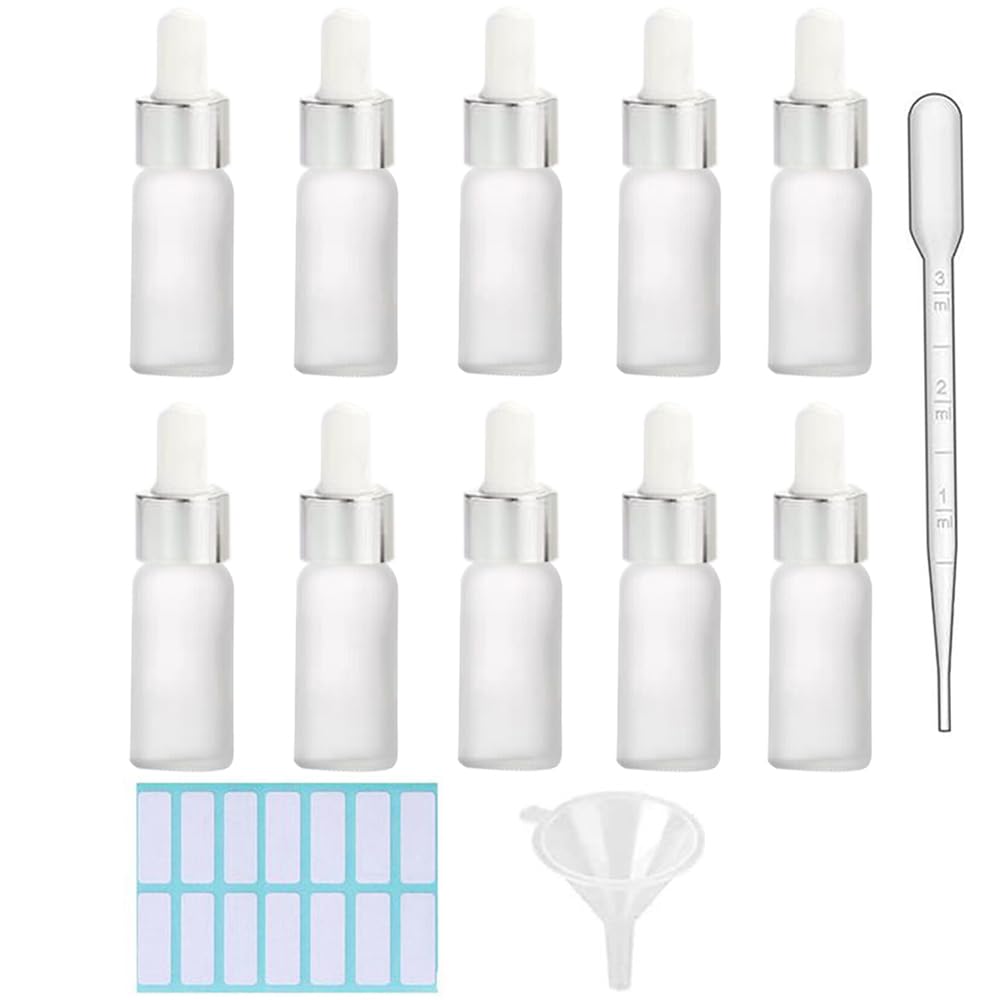 SKYPRO 10Pack Frosted Transparent Glass Dropper Bottle for Essential Oils,Empty Glass Liquid Holder With Glass Eye Dropper,Silver Caps Travel Perfume