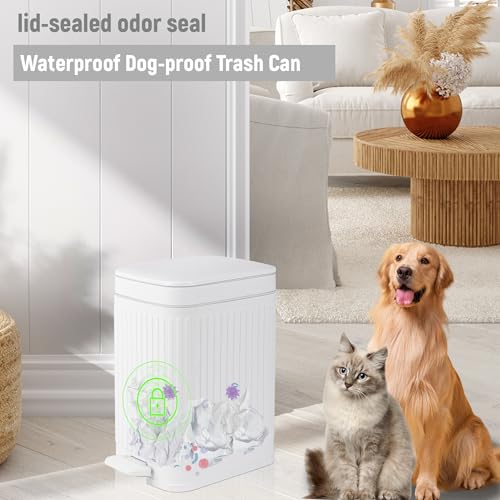 Image of rejomiik Small Bathroom Trash Can with Lid Slim Soft Close Garbage Can Step Wastebasket Container Trash Bin for Office Bedroom Kitchen Living Room (2.6 Gallon White)