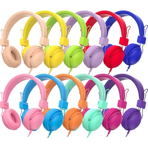 HONGZAN バルクヘッドフォン 教室用 25個パック 卸売 ステレオ 学校 ヘッドフォン 子供 学生 図書館 研究所 テストセンター 博物館など i19-M 教室用バルクヘッドホン、12個パック 丈夫な有線スクールヘッドフォン 生徒用 教師は小学校から大学まで必需品が必要です(ミックスカラー)