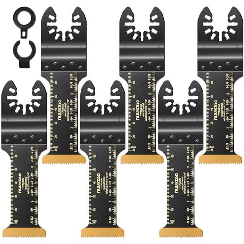 Nuyikaso 6 Pack Titanium Multi Tool Blades Extra-Long Reach Oscillating Saw Blades Multitool Accessories Kit for Wood Metal Screws Plastic Compatible with Fein Multimaster Makita DeWalt Bosch