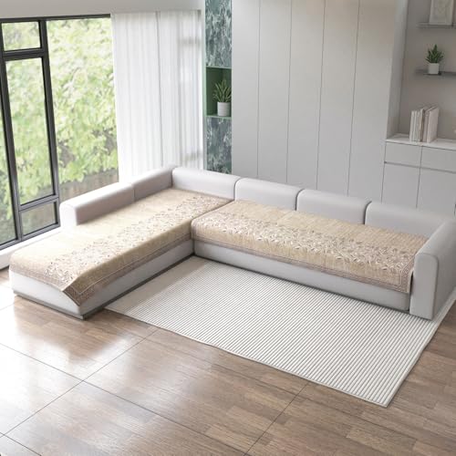 Image of Nendle Superior Velvet Floral Sofa Mat 6 Seater Set Cover Durable Protector for Living Room Sofa Set 3+3, Suitable for L Shape, Sectional and U Shape Sofa (Beige, Pack of 2)