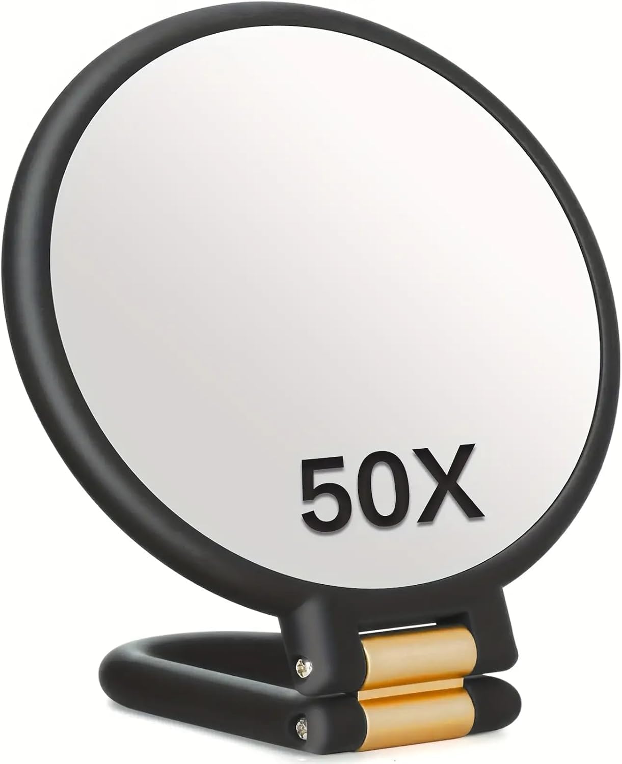 Espejo de mano con asa, doble cara de 50 aumentos y 1 aumento, espejo plegable para maquillaje, viajes, montaje en pared, uso en escritorio (negro) - 1