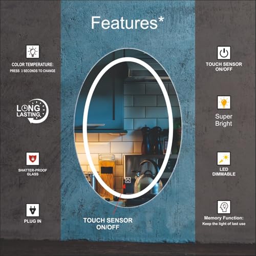 Image of Creative Arts n Frames LED Wall Mount HD Mirror with 3 Color Light Tone for Home Wall Living Room Bedroom Bathroom Hotel Decor Items (12x18 inch Oval)