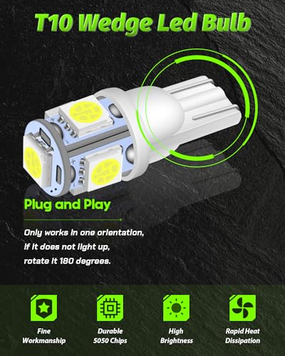 Alopee Led 194 Bulb White 6500K T10 Wedge Led Lights 5SMD 5050 Chips 12V Replacement for 158 168 193 198 2825 W5W Interior Car Lights Dome Map Door Trunk Light, Pack of 30
