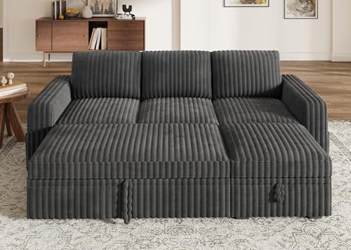 Image of HONBAY Modular Sectional Sofa with Pull Out Bed,Corduroy L Shaped Sleeper Sofa with Storage, Sectional Couches for Living Room,Dark Grey