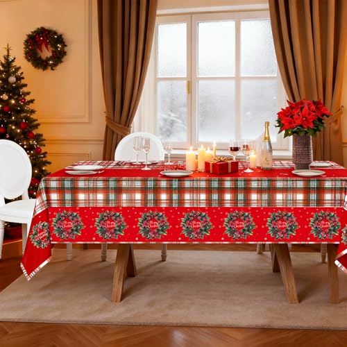 Plastic Christmas Tablecloth 54x108 Inch 3-Piece Set,Disposable Festive Red Poinsettia Pattern Holiday Dining Table Cloth for Christmas Party & Baby Shower Decorations – Image 5