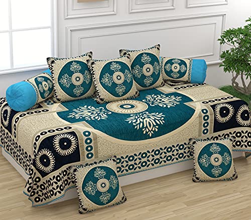 Image of Printed Chenille Velvet Diwan Set - 8 Pieces (1 Single Bedsheet, 5 Cushion Covers, 2 Bolster Covers), Printed Velvet Fabric Cover Set Soft for Living Room & Bedroom (8 Pieces, Sky Blue)