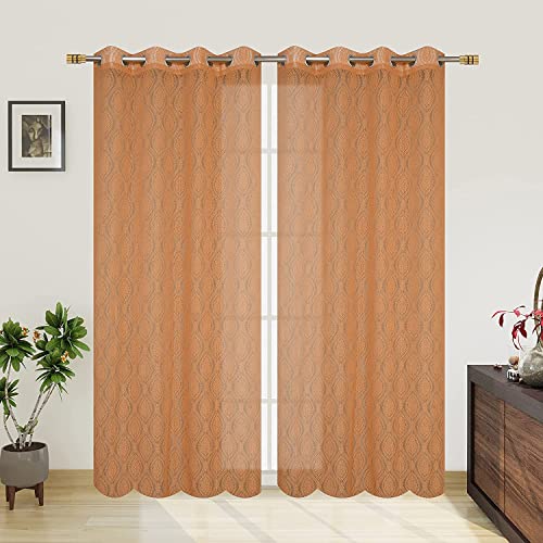 Image of Fabrilia Polyester Sheer Net Damask Design Semi Transparent Eyelet Window Curtains 5 feet Long Set of 2- Brown