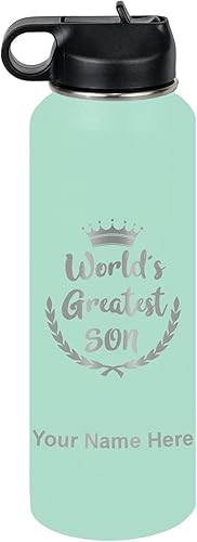 Miniatura 70 de LaserGram Botella de agua con tapa abatible de doble pared de 20 onzas con pajilla, el hijo más grande del mundo, grabado personalizado incluido
