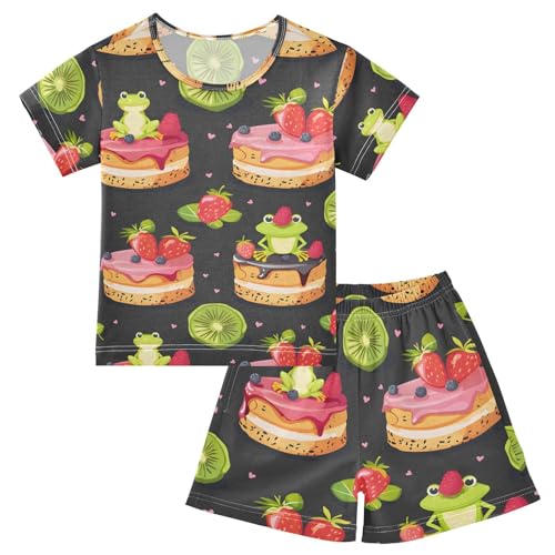 ALAZA Cake Frog Strawberry Pajamas Short Sleeve 2 Piece Sleepwear Top and Bottom Pajama Set Unisex