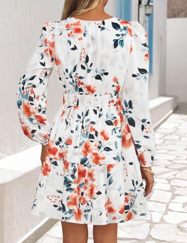 ZESICA Fall Long Sleeve Floral Dress for Women 2025 Casual V Neck Smocked A Line Flowy Boho Mini Dresses with Pockets3