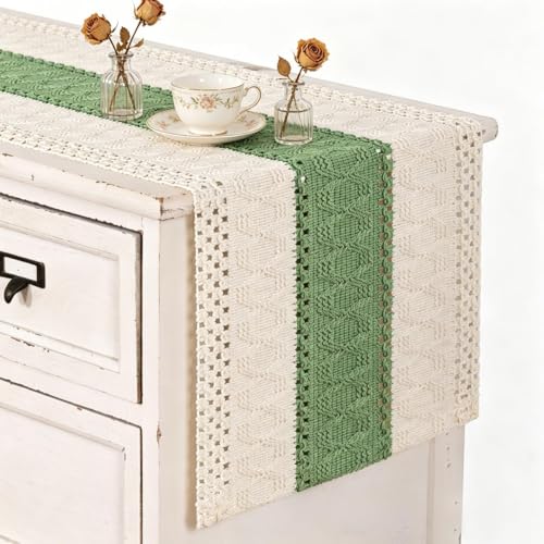 Image of MLMC Sage Green Boho Table Runner Farmhouse Macrame Woven Table Runner 48 inch Long Rustic Cotton Linen Blend Table Decor for Dinning Kitchen Wedding Bridal Shower Eveyrday Use 12x48 Inch
