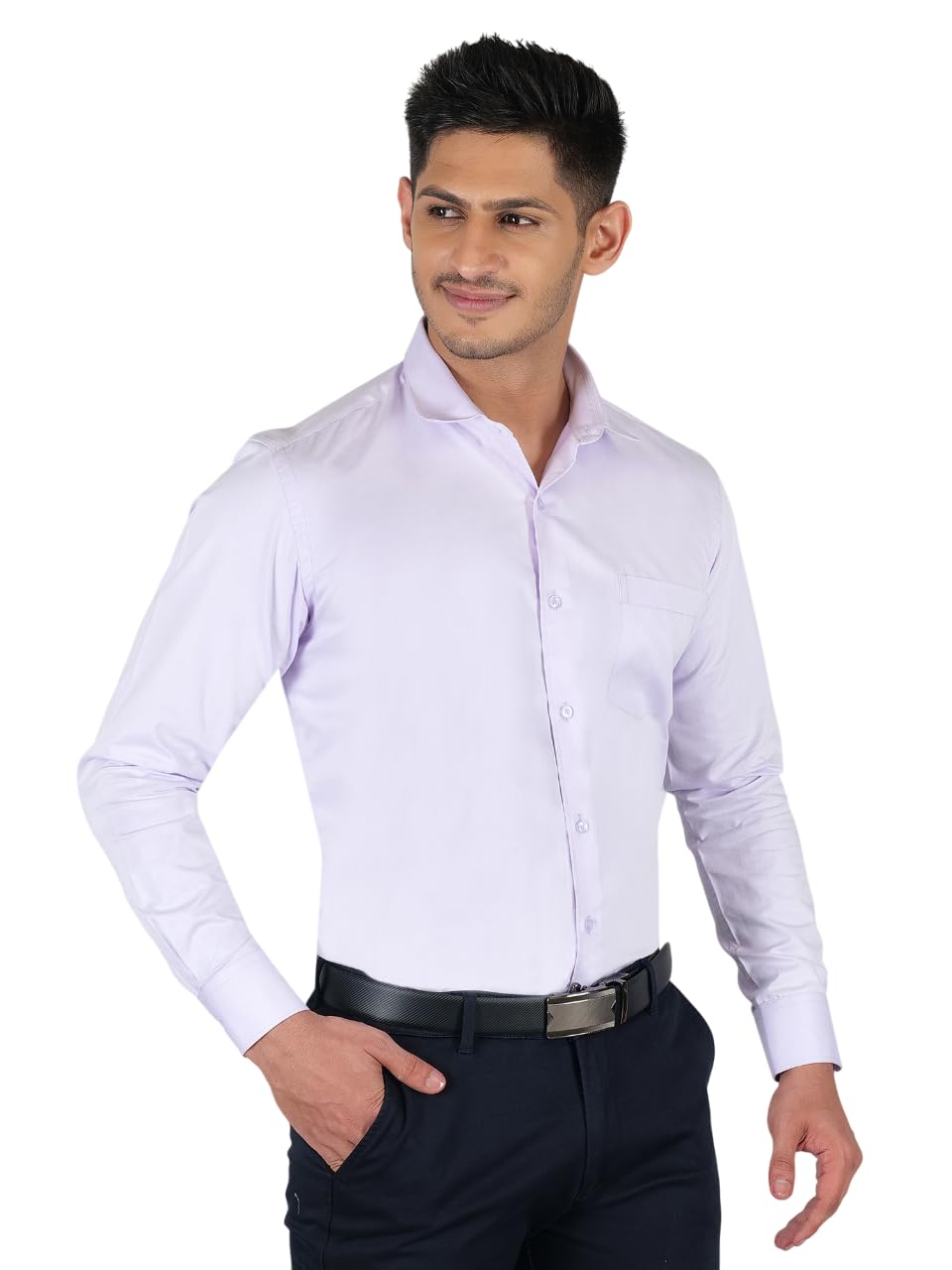 YOUNG & FORMALS by CAMBRIDGE Men’s Slim Fit Formal Shirt | Full Sleeves, Spread Collar with Hanging Piping | Solid Chambray | Classic Business & Office Wear