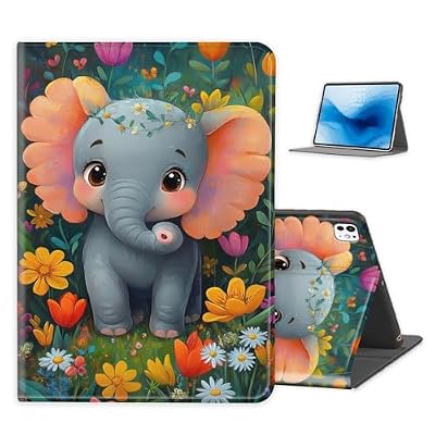 FXIANGWL for iPad Pro 13 Inch Case 2024, PU Leather Folio Stand Cover with Auto Sleep/Wake, Shockproof Smart Protective, Durable Folding Cover for iPad Pro 13 Inch, Cute Cartoon Elephant Flower