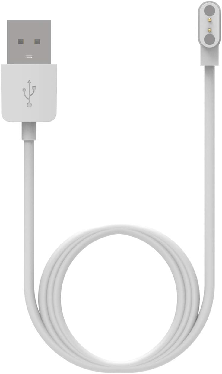 White smartwatch charging cable with USB-A connector and magnetic 2-pin charging head.