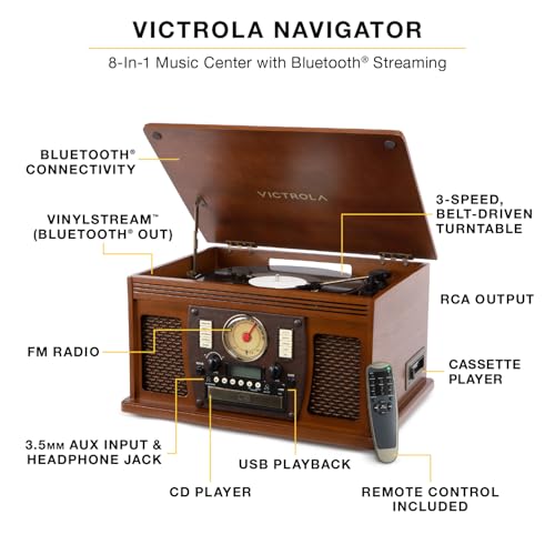 Image of Victrola Navigator - 8-in-1 Bluetooth Record Player - Walnut | Real wood cabinet plays vinyl, CD, cassette, FM radio, USB and aux, built-in speakers, remote control included