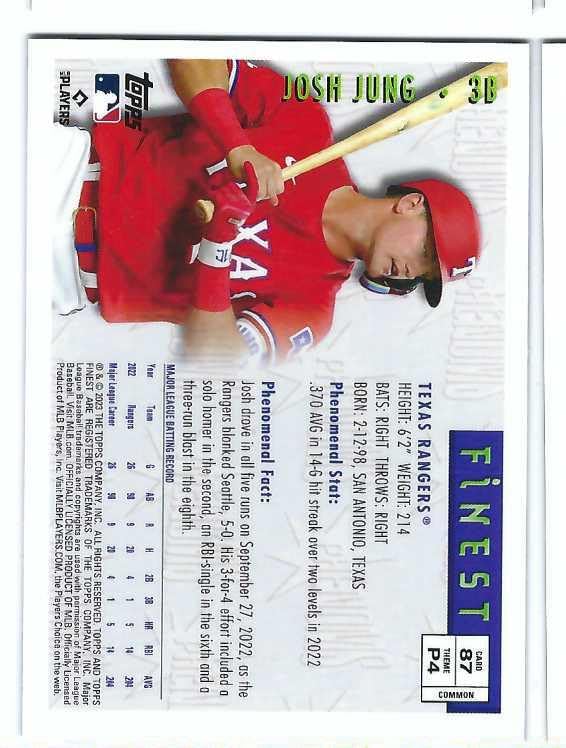 JOSH JUNG 2023 Topps Finest Flashbacks #87 Phenoms Baseball Rookie Card RC Texas Rangers
