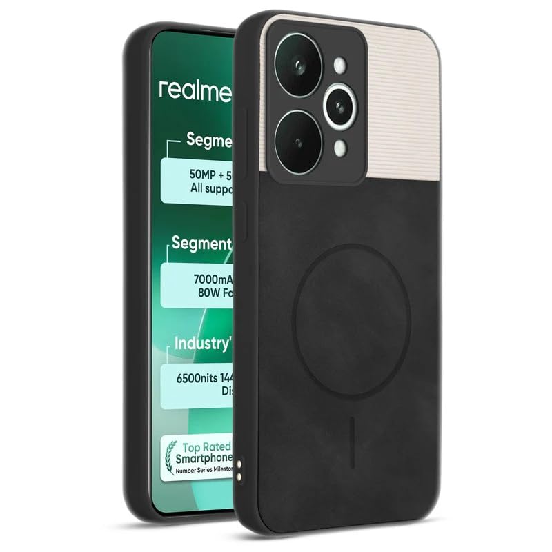 Image of Bintage case Dual-Leather Macc-Safe Design Phone Case| Soft Touch Finish | Full Camera Protectection Back Cover Compatible for Realme RMX5101 / 15 Pro 5G - White & Black